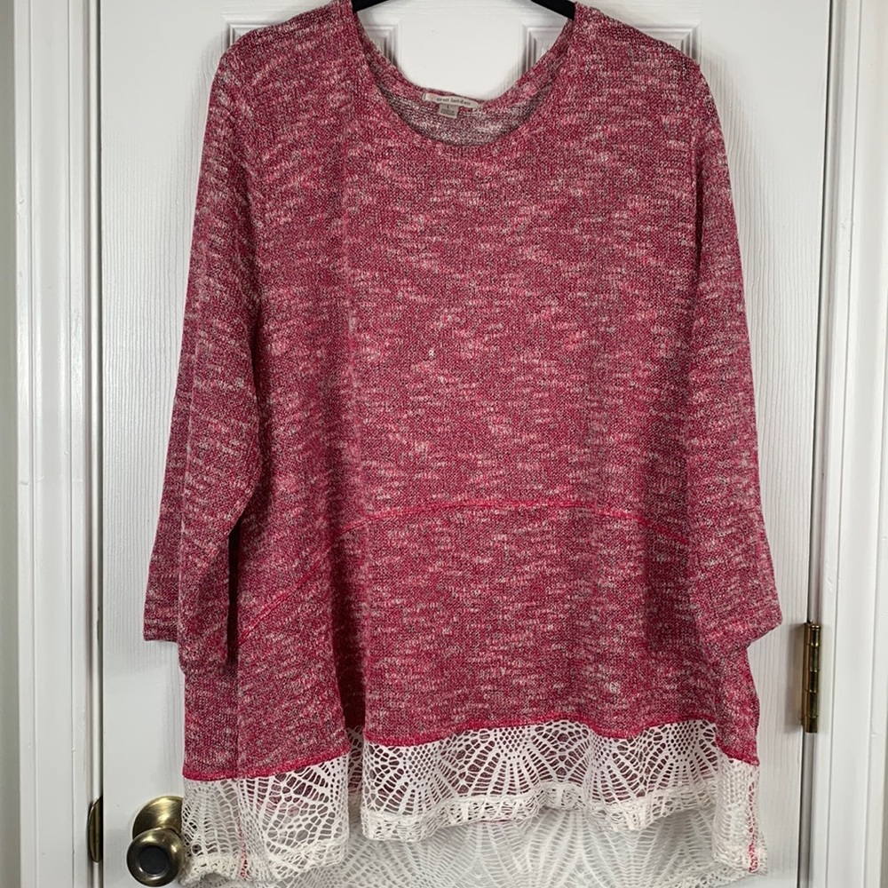 Erm London multi colored burgundy long sleeved sweater with white lace at bottom
